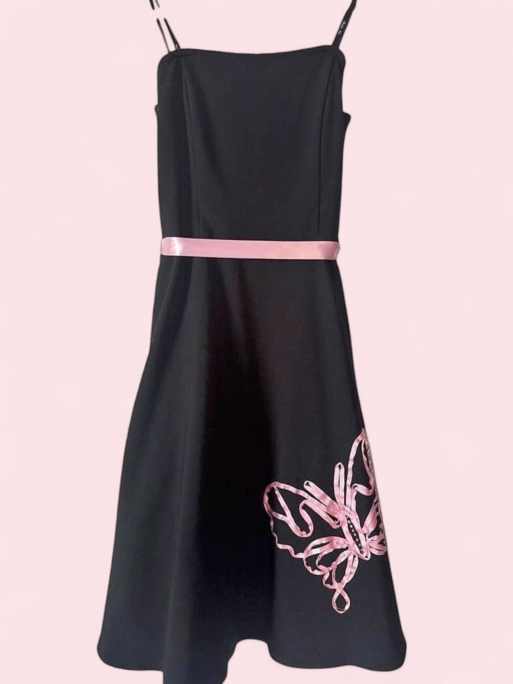 Blondie Nites Black Dress with Pink Accents - Satin Belt & Butterfly Detail